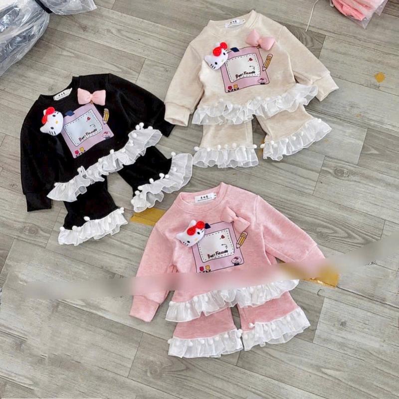 SET BỘ LEN TĂM LÔNG THỎ QUẦN ỐNG LOE PHỐI TƠ ĐÍNH HELLO KITTY NƠ CHO BÉ GÁI SIÊU XINH