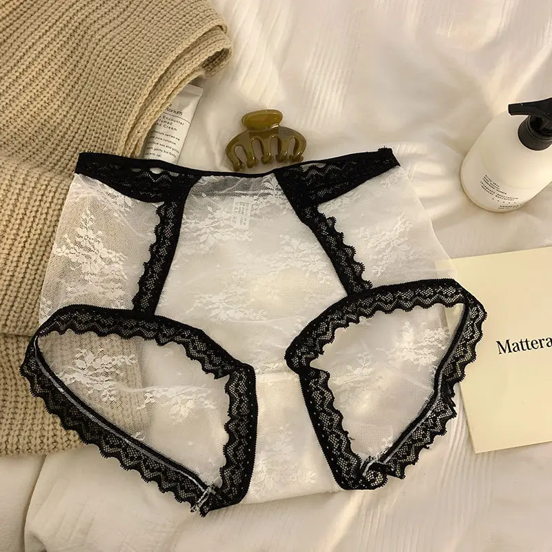 New High Waist Sexy Lace Girl Underwear Women's Contrast Color Semi-Sweet Pure Desire Underwear Women