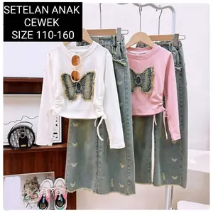 (LOLI-JKT) BS- 805 SETELAN ANAK KUPU RAWIS SERUT LENGAN PANJANG CELANA JEANS SOBEK KUPU PANJANG SIZE 110-160