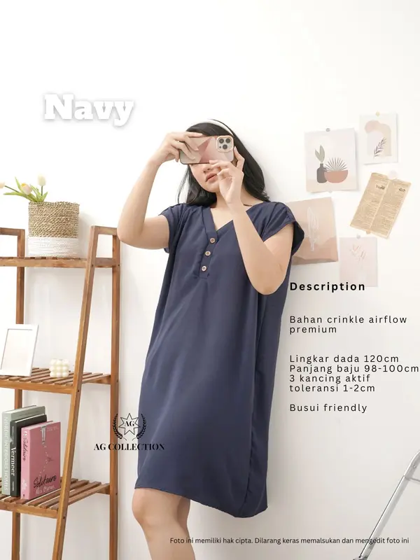 AGcollections | Dress Daster Pendek Belvana Kancing Busui Friendly Bahan Crinkle Airflow Premium Baju Tidur Dingin Wanita 1