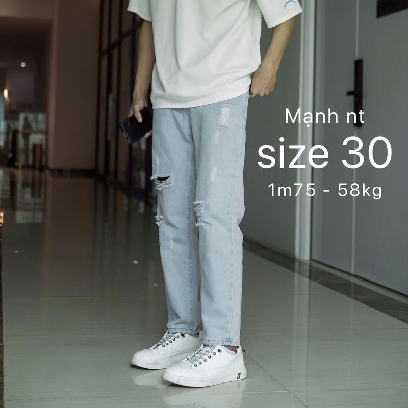 Quần bò nam rách dáng baggy suông màu xanh trắng nhạt mài rách xước gối đùi đẹp Pants Menswear Có Túi Jeans