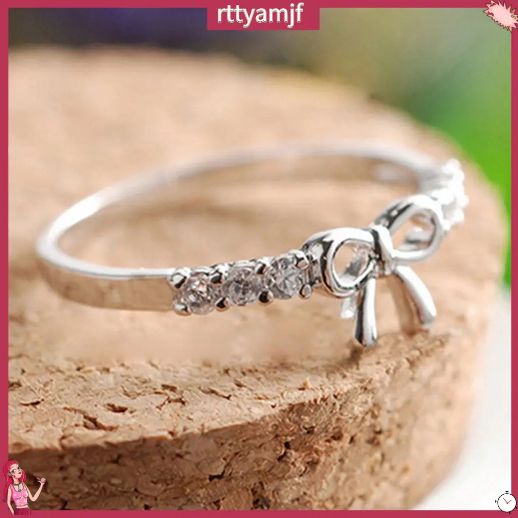 rttyamjf- Rhinestone Ring Simple Two Colors Bowknot Ring Simple Rhinestone Bowknot Band Ring for Wedding Simple