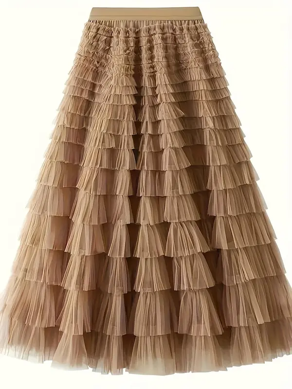 Women's Plain Ruffle Hem Tiered Layer Skirt, Elegant High Waist Long Skirt for Vacation Holiday Party, Ladies Bottoms for All Seasons,  Skirt 5