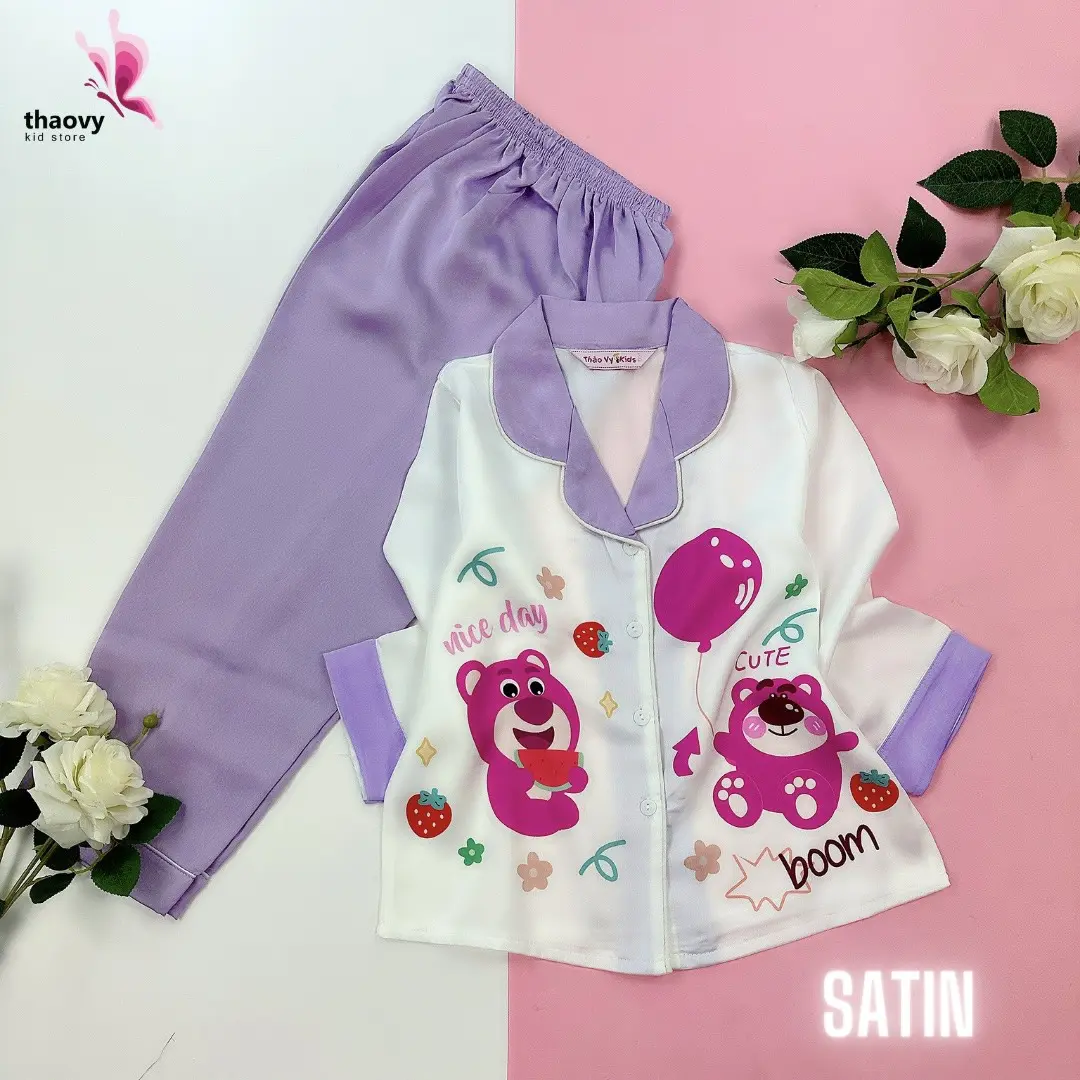[10-57Kg] Đồ Bộ Pijama Gấu Dấu Vải Lụa Cao Cấp - ThaoVySleepwear - Xanh Rêu Đỏ Hồng Tím - Quần Áo Ngủ Pijama Nữ - Bé Gái - Bộ Ngủ Lụa Đồ Bộ Mặc Nhà Homewear Sleepwear Không Nhăn Co Giãn Không Xù Giặt Không Rút