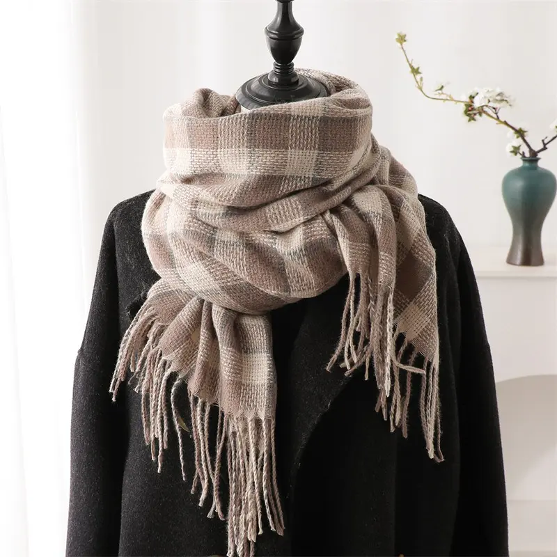 Khăn Quàng quàng cổ Giả Cashmere Kẻ Sọc Tua Rua, Dành Cho Nữ, Mùa Thu Và Mùa Đông, Thời Trang Và Dễ Phối Đồ Dài Trung Bình Ấm Áp, Thích Hợp Cho Các Cặp Đôi, WT-12, Hàng Mới Về Khăn Choàng Choàng Cổ 6