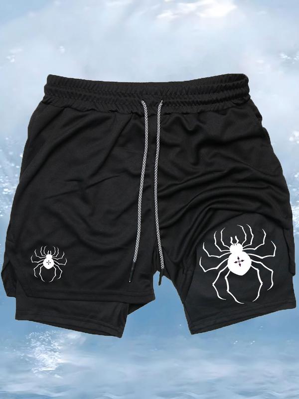 Men's Spider Print 2 in 1 Drawstring Waist Sporty Shorts, Casual Sporty Regular Fit Quick Drying Breathable Bottoms, Men Sports Clothes for Gym Workout Running 1