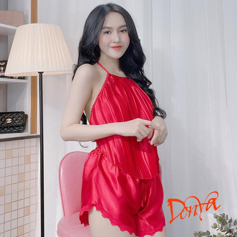 Bộ ngủ dạng yếm dập li xinh xắn chất phi bóng quần đùi DN30