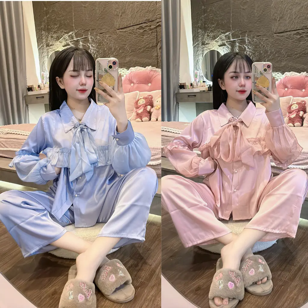Đồ bộ nữ xinh ới là xinh Lụa latin voan đính nơ, Freesize Pyjama Women Quần Ngủ Lolita Đen Pijama