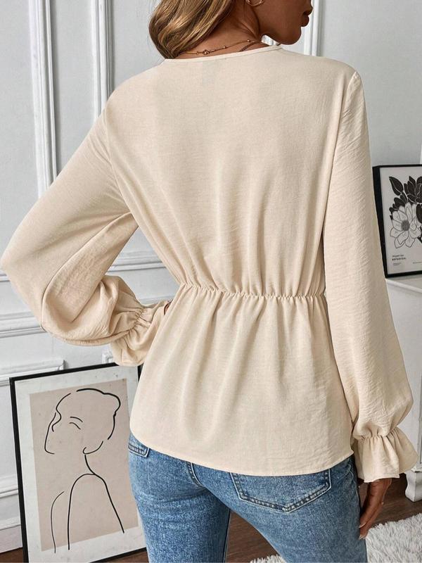 Women's Plain Open Front Blouse, Elegant Flounce Sleeve Tie Front Top for Work Office Business, Ladies Clothes for Fall & Winter 1