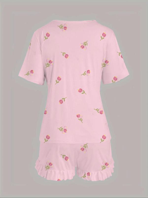 【Plus Size】 Floral Print Short Sleeve Tee & Ruffle Trim Shorts Pyjama Set, Pyjamas for Women, Round Neck T-shirt & Elastic Waist Shorts Pj Set, Women's Sleepwear for Spring & Fall, Women Nightwear, Lounge Set for Women, Pajama Sets Women, Pajamas 7