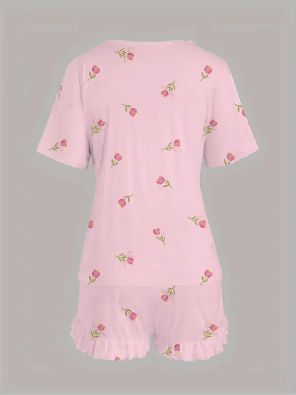 【Plus Size】 Floral Print Short Sleeve Tee & Ruffle Trim Shorts Pyjama Set, Pyjamas for Women, Round Neck T-shirt & Elastic Waist Shorts Pj Set, Women's Sleepwear for Spring & Fall, Women Nightwear, Lounge Set for Women, Pajama Sets Women, Pajamas 7