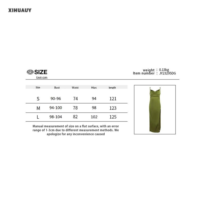 Product Introduction of Women's Satin Bodycon Long Dress Spaghetti Strap Cowl Neck Midi Dress High Split Party Dress 0