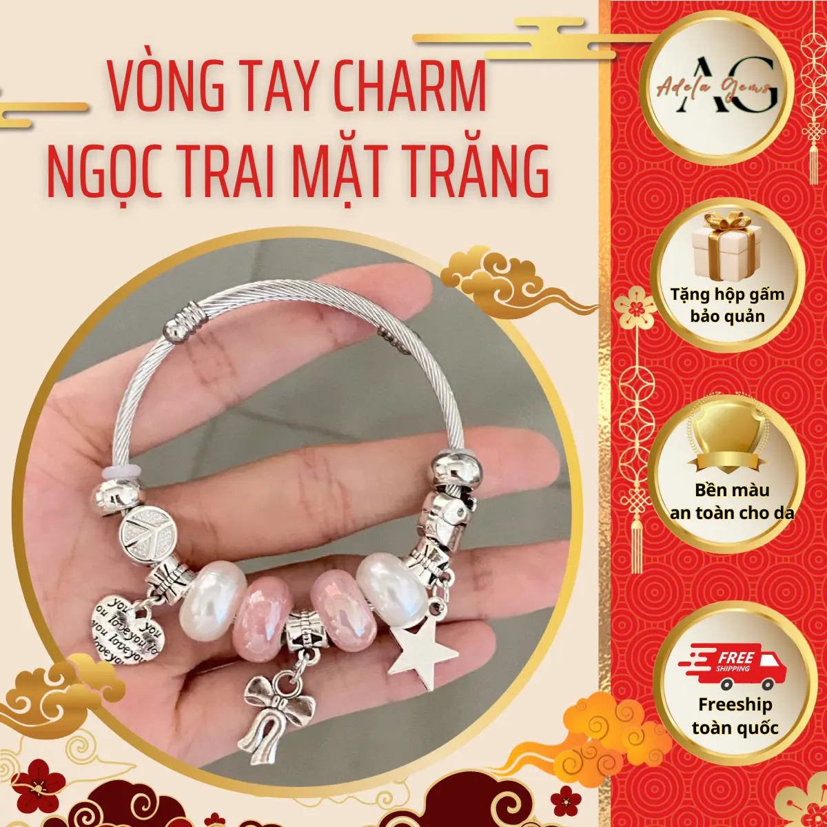 Vòng Tay,Lắc Tay ,Trang Sức Nữ  Charm Ngọc Trai Mặt Trăng Chống Gỉ Kiềng Không Hoen Gỉ Mở 2 Đầu Xinh Xắn Phong Cách Nhẹ Nhàng ADELA GEMS
