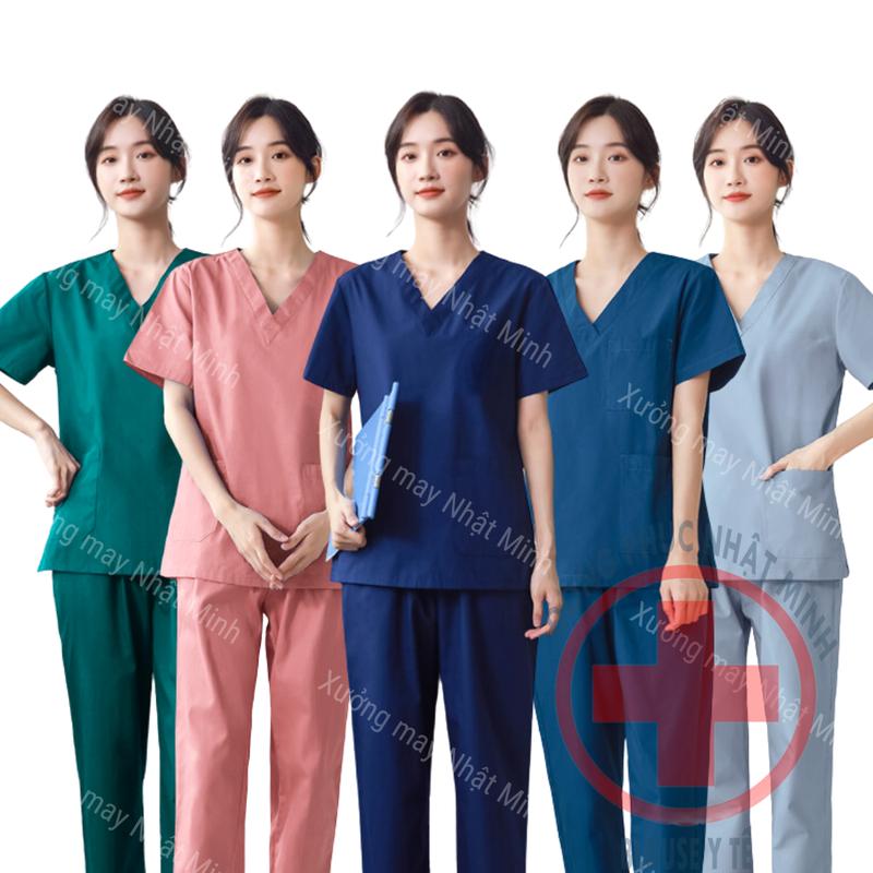 Bộ Scrubs cổ tim vải lon giãn nhiều màu, đồng phục phòng khám,spa,phòng mổ, quần áo y tế nha khoa điều dưỡng bác sỹ