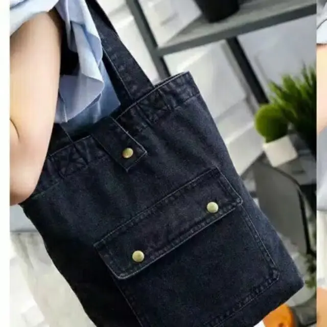 POCKET DENIM TAS TOTEBAG SAKU KANCING/ TAS BAHU/ TAS JINGJING/ WANITA JEANS KULIAH SEKOLAH KOREA Tote Tote