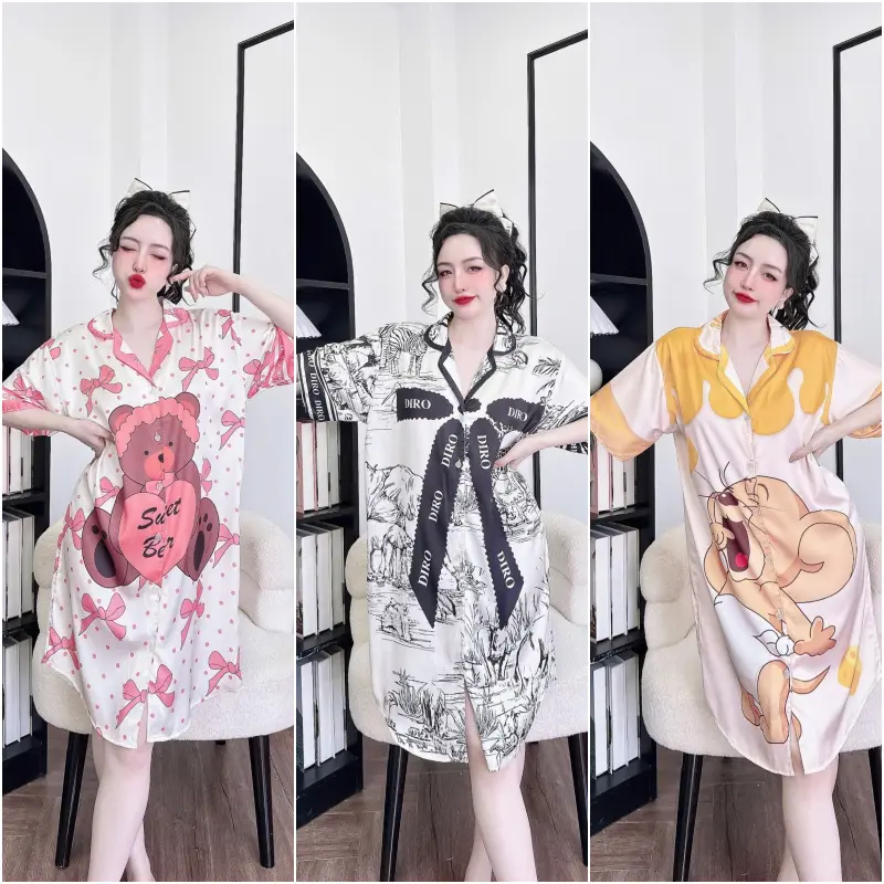 Đầm ngủ sơ mi lụa latin bigsize cổ vest size 40-70kg
