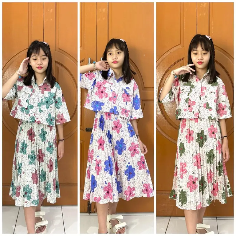 HS-OneSet Anak Motif Bunga+Rok Model Plisket 0