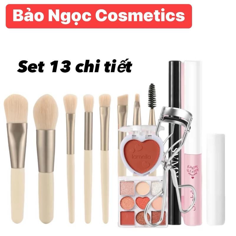 Sét 13 thứ trang điểm đơn giản nhẹ nhành xinh tươi gồm 8 cọ - bảng phấn mắt + chuốt mi + kẹp mi + kẻ mắt + má hồng Cosmetic Mascara Mỹ Phẩm Bấm Mi
