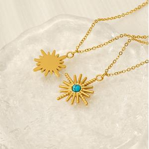 Kalung Keluli Tahan Karat dan Emas 18K, Gaya Vintaj Perancis, Loket Bintang Oktagonal Turquoise Hijau, Kalung Keluli Titanium mewah, Merentas sempadan