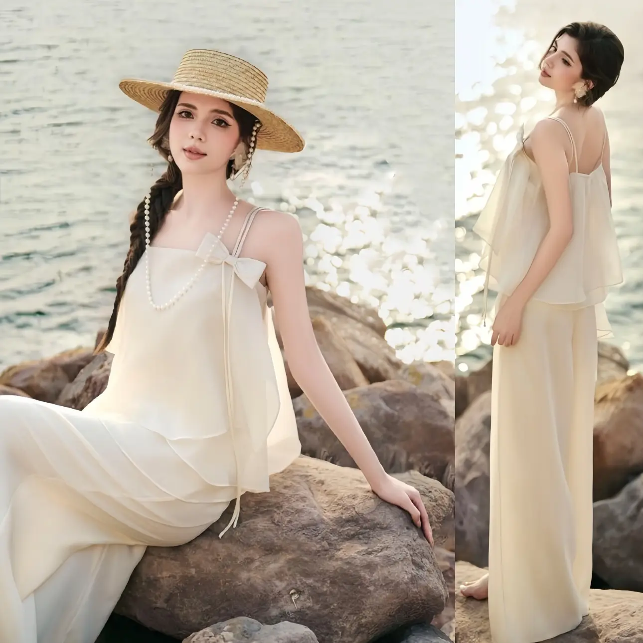 Set hai món nữ: áo đính nơ kèm quần suông thiết kế vải tơ mềm màu nude màu trắng màu xanh sang chảnh   Top Women