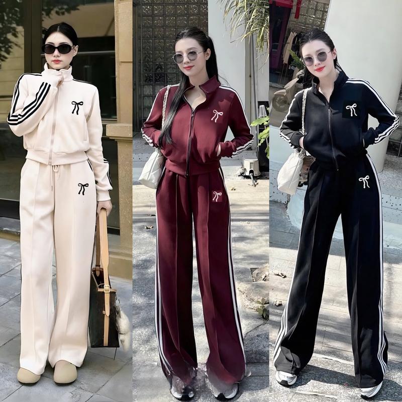 Set Bộ Đồ Nữ Sọc Áo Kéo Khoá Phối Hình Nơ Nhỏ Mix Quần Ống Suông Dáng Rộng Chất Nỉ 2 Da - Hoàng Linh Clothing SB 135