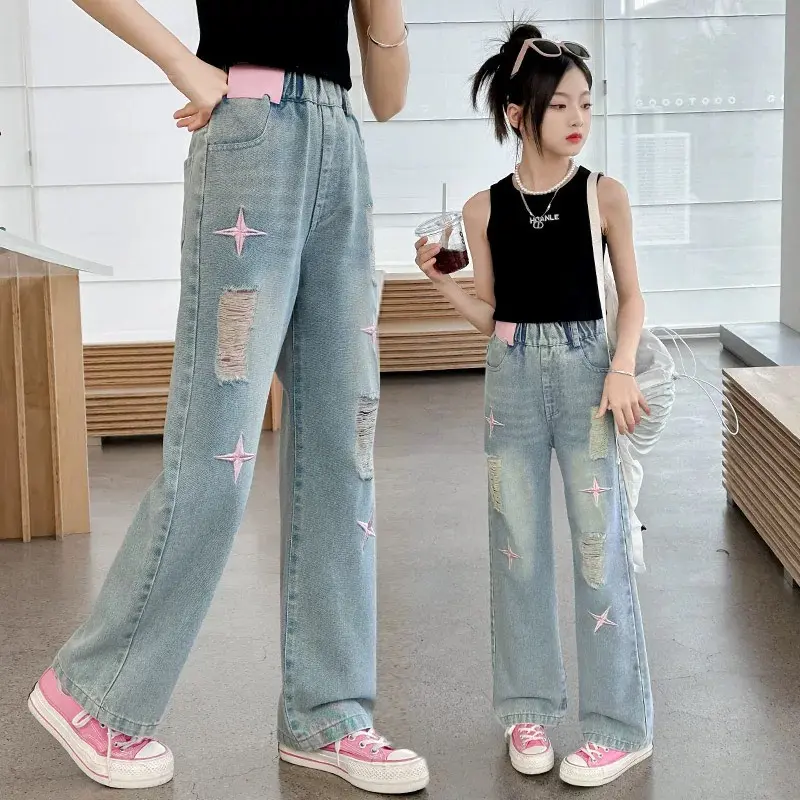 Quần Bò Cho Bé Gái Sao Hồng Và Smile Ống Đứng Vải Bò Đẹp Co Giãn Nhẹ Xuất Xứ Việt Nam jean dài