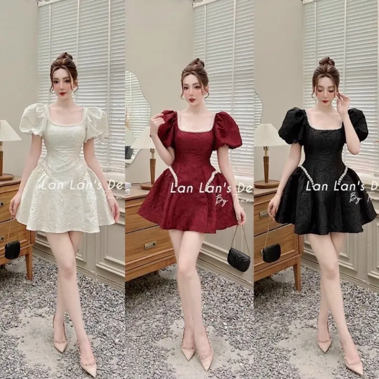 Đầm nữ dự tiệc đính ngọc đầm cổ vuông tay phồng ben eo tùng xòe rộng đỏ đen váy trắng hồng cao cấp đi đám cưới đi biển