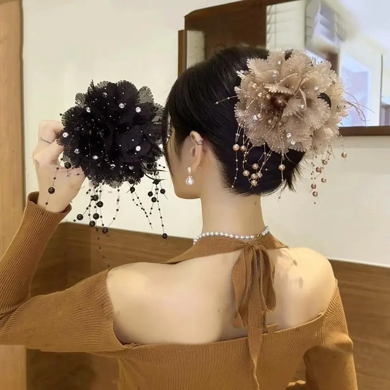Kẹp Tóc Hạt Hoa Lưới, Cỡ Lớn, Kẹp Tóc Tua Rua Lông Vũ, Phụ Kiện Cổ Điển Kẹp Tóc Đuôi Ngựa Cho Nữ, J7L4 6