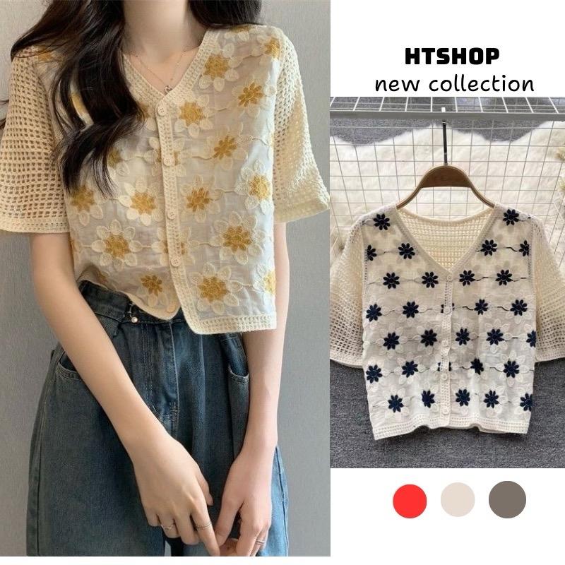 Áo sơ mi nữ cộc tay cổ V cài khuy hoạ tiết hoa cúc thời trang đi biển mùa hè 2024