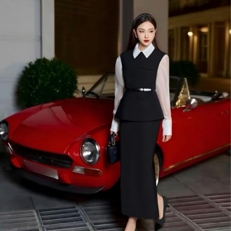 Sét Thiết Kế Hà Anh Váy gile phối tay tơ  E54 Nữ