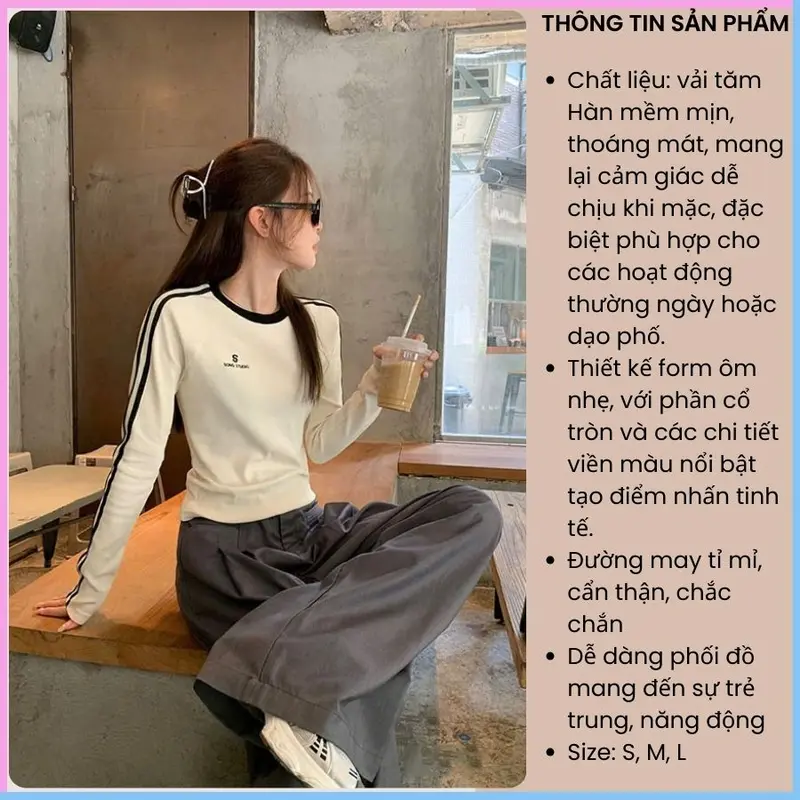 Áo thun nữ tay dài cổ tròn phối viền màu thời trang, áo thun nữ vải tăm Hàn mềm mát Sport Đồng AT71 Top Women 2