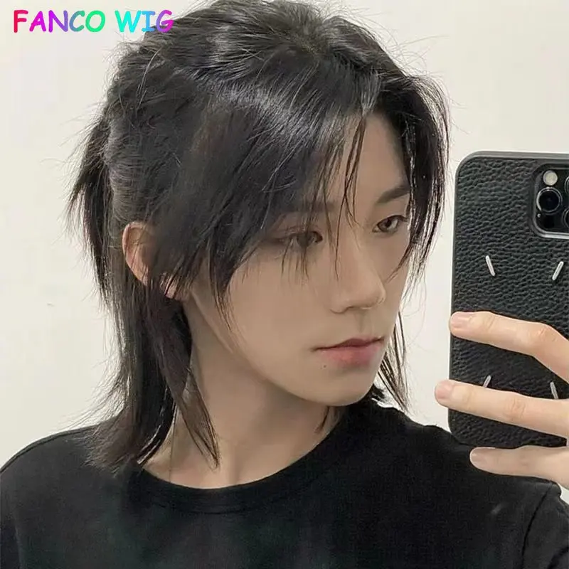 [sent Hairnet][Japanese Wig] Human Hair Washable Wolftail Fake Head Male Kimura Takuya Same Style Middle Score Men Long Japanese Samurai Boy Oxfish Full Headgear