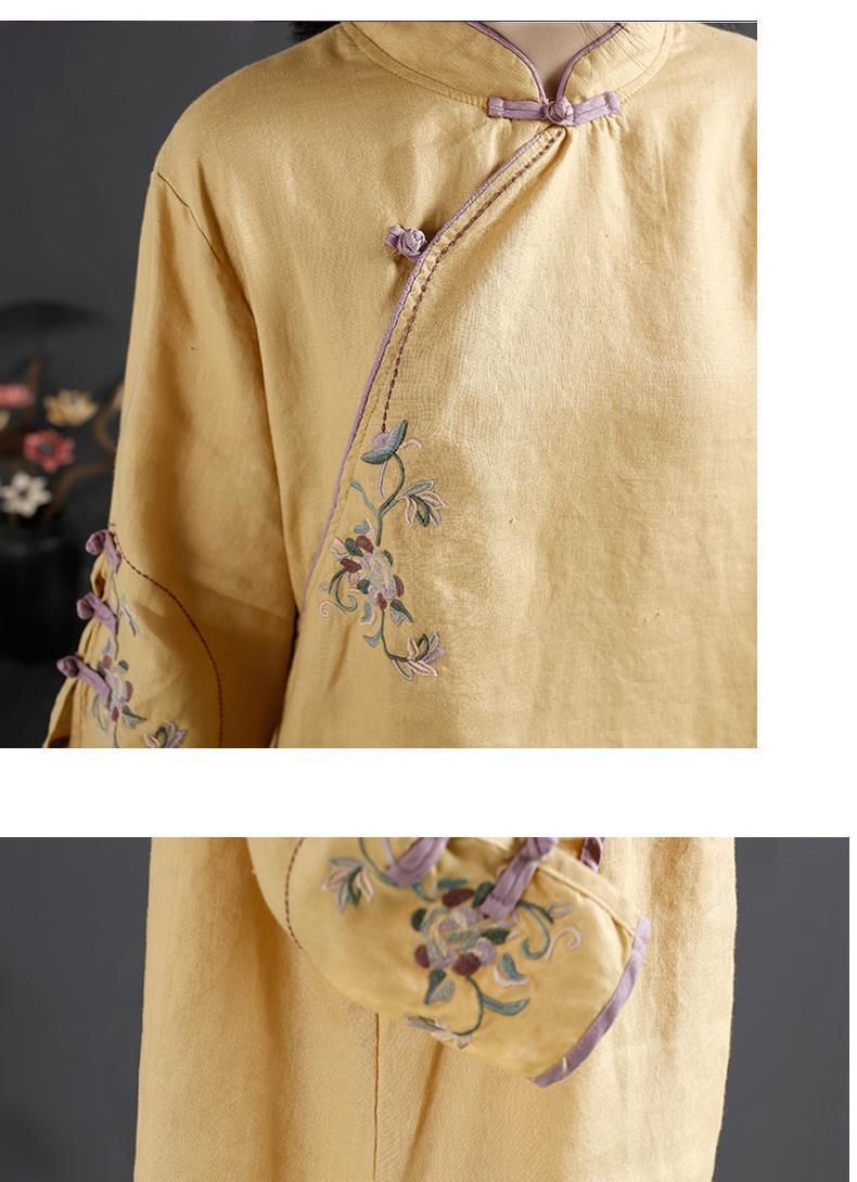 Product Introduction of Oemg2024 Summer New Chinese Style Retro Cotton and Linen Shirt Women's Chinese Style Stand-up Collar Frog Button Top Embroidered Cotton Tea Clothes 10
