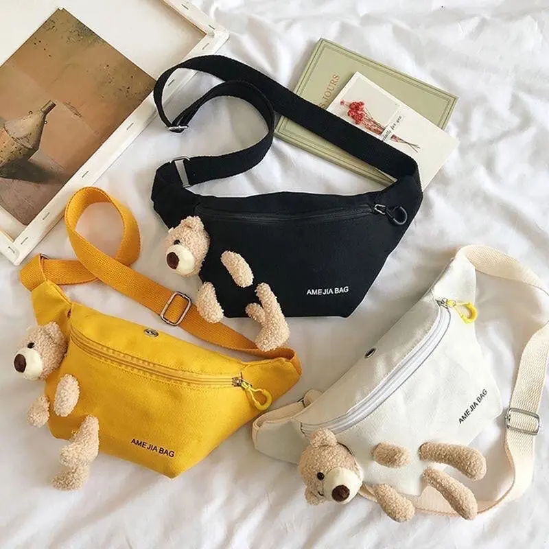 BAO004 Tas Samping Wanita Tas Pinggang Waistbag Import Korea Desain Boneka Beruang Lucu Tas Punggung Beruang Tas Kanvas Tas HP Canvas Kanvas Hitam