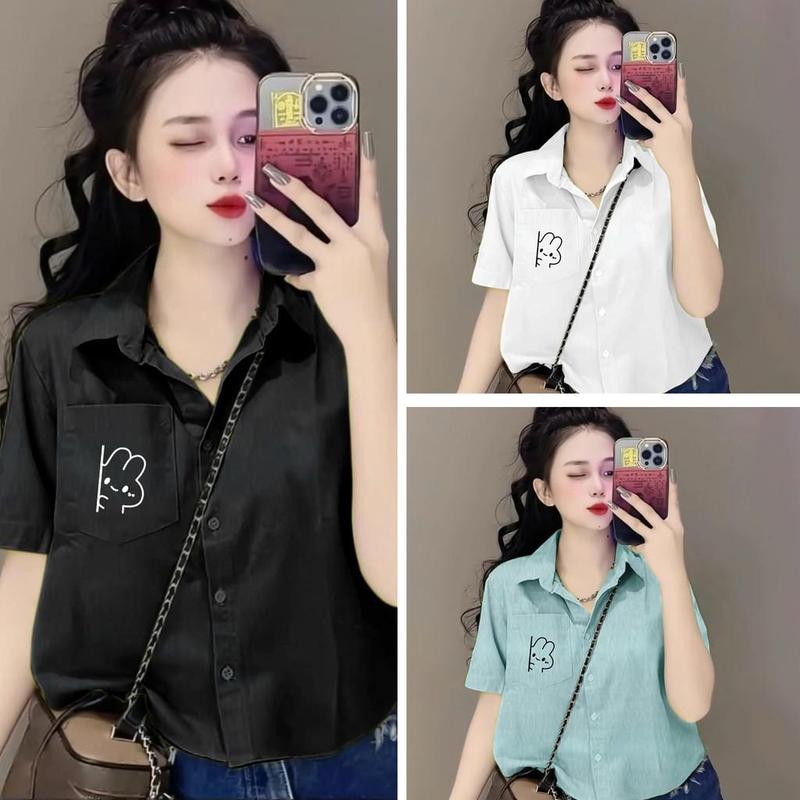 (Bigsize) Áo Sơ Mi Nữ In Hình Thỏ Chất Đũi Xốp Dáng Ngắn Tay Ngắn Siêu Xinh Cho Nàng Béo Xinh 50-95kg Top