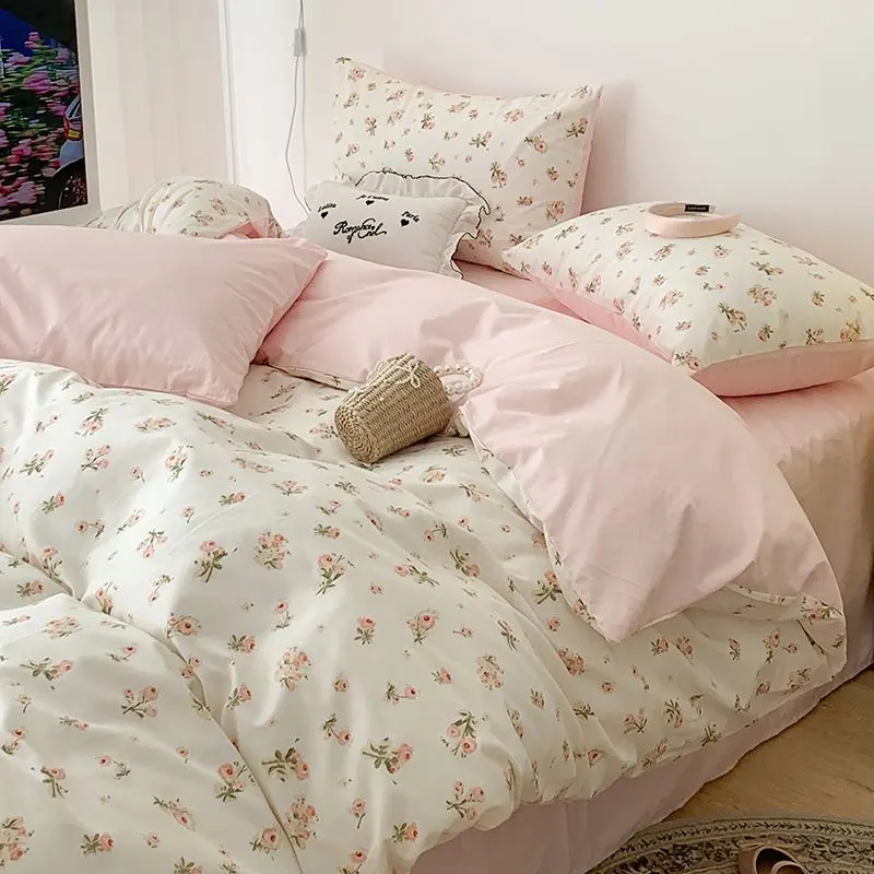 Set Empat Keping Katil, Gaya Pastoral, Peralatan Tempat Tidur Asrama Baharu, Cadar, Bunga Kecil, Sesuai untuk Asrama Pelajar, Termasuk Sarung Selimut, Set Tiga Keping, Termasuk Cadar Soft