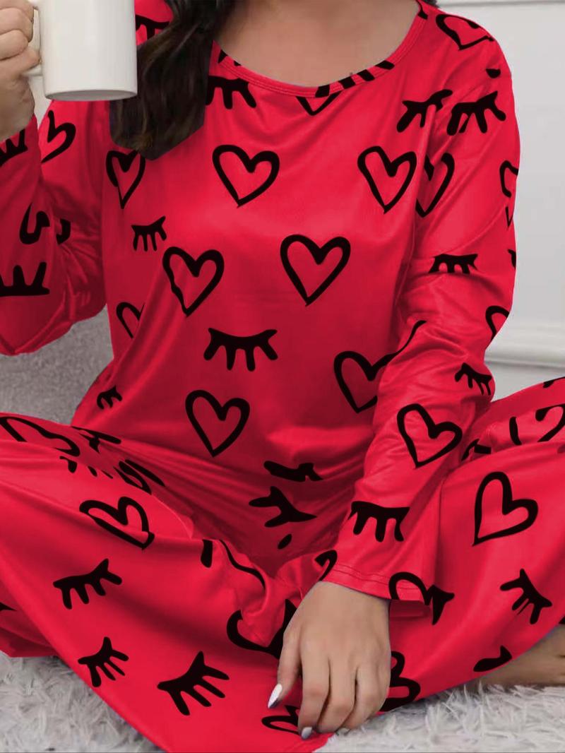 Product Introduction of 【Plus Size】Women's Heart Print Pyjama Set, Casual Comfort Round Neck Long Sleeve Tee & Elastic Waist Pants Set, Women's Sleepwear for Spring & Fall, Pajamas 14