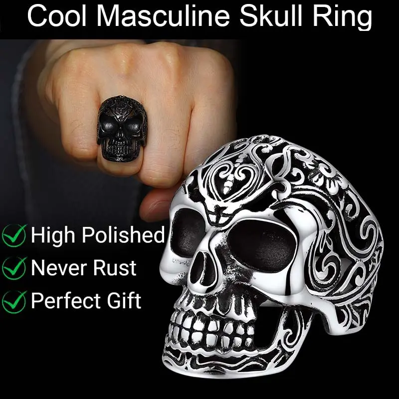 FaithHeart Masculine Skull Ring Stainless Steel Skull Skeleton Band Biker Ring for Men Springtok 0