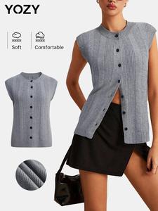 YOZY Women's Solid Button Front Sweater Vest, Casual Sleeveless Round Neck Knitwear for Fall & Winter, Women's Knit Clothing for Daily Wear