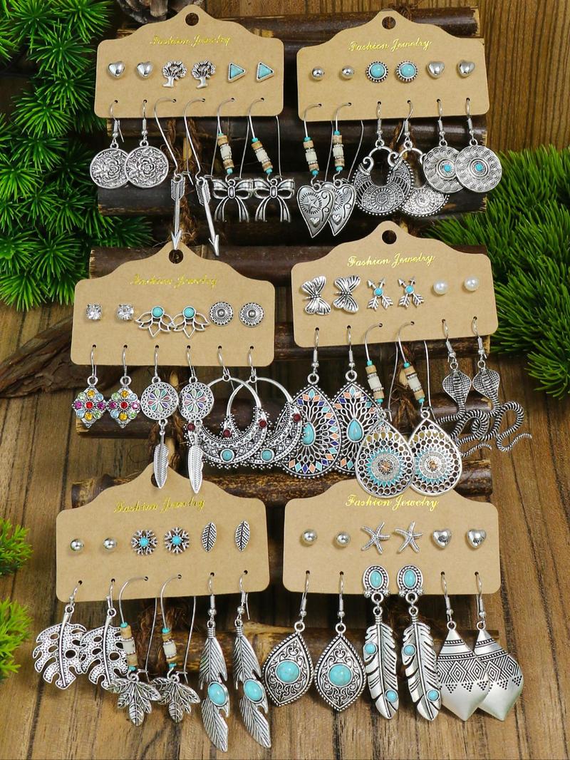 Product Introduction of Summer 2024 Boho Hollow Out Feather Turquoise Textured Shell Design Dangle Earrings, Heart Rhinestones Faux Pearl Stud Earrings, Vintage Summer Unique Piercing Jewelry 1