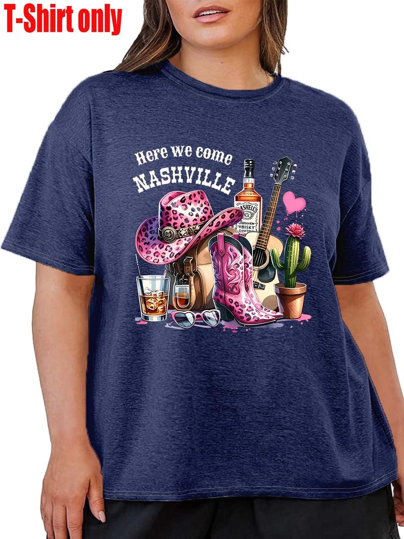 Product Introduction of 【Plus Size】 Letter & Cowboy Hat Print Round Neck Tee, Fashion Casual Crew Neck Short Sleeve T-shirt for Daily Holiday Vacation Outdoor Wear, Women Clothing for All Seasons 2