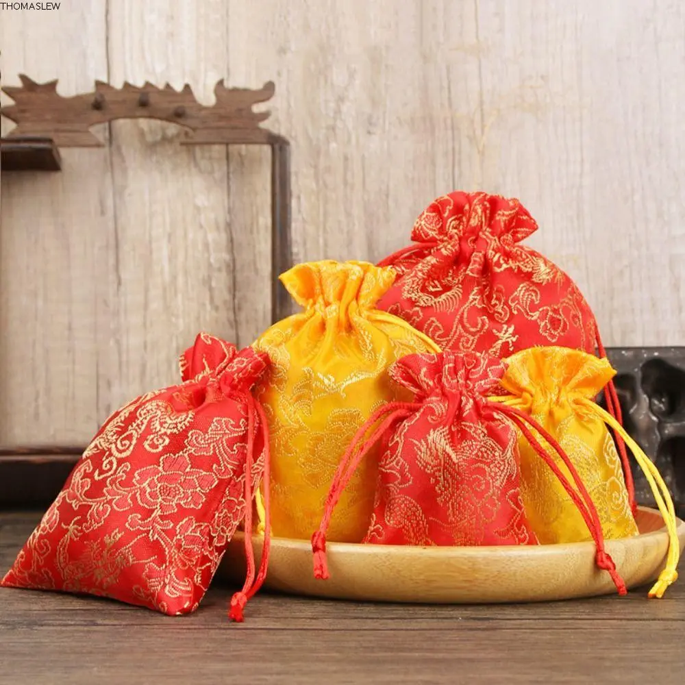 THOMASLEW Elegant Dragon Embroidery Flower Drawstring Bag Storage Bag Large Capacity Small Coin Purse Wallet Candy Bag Bucket Bag Canvas Flower Handbag Festival