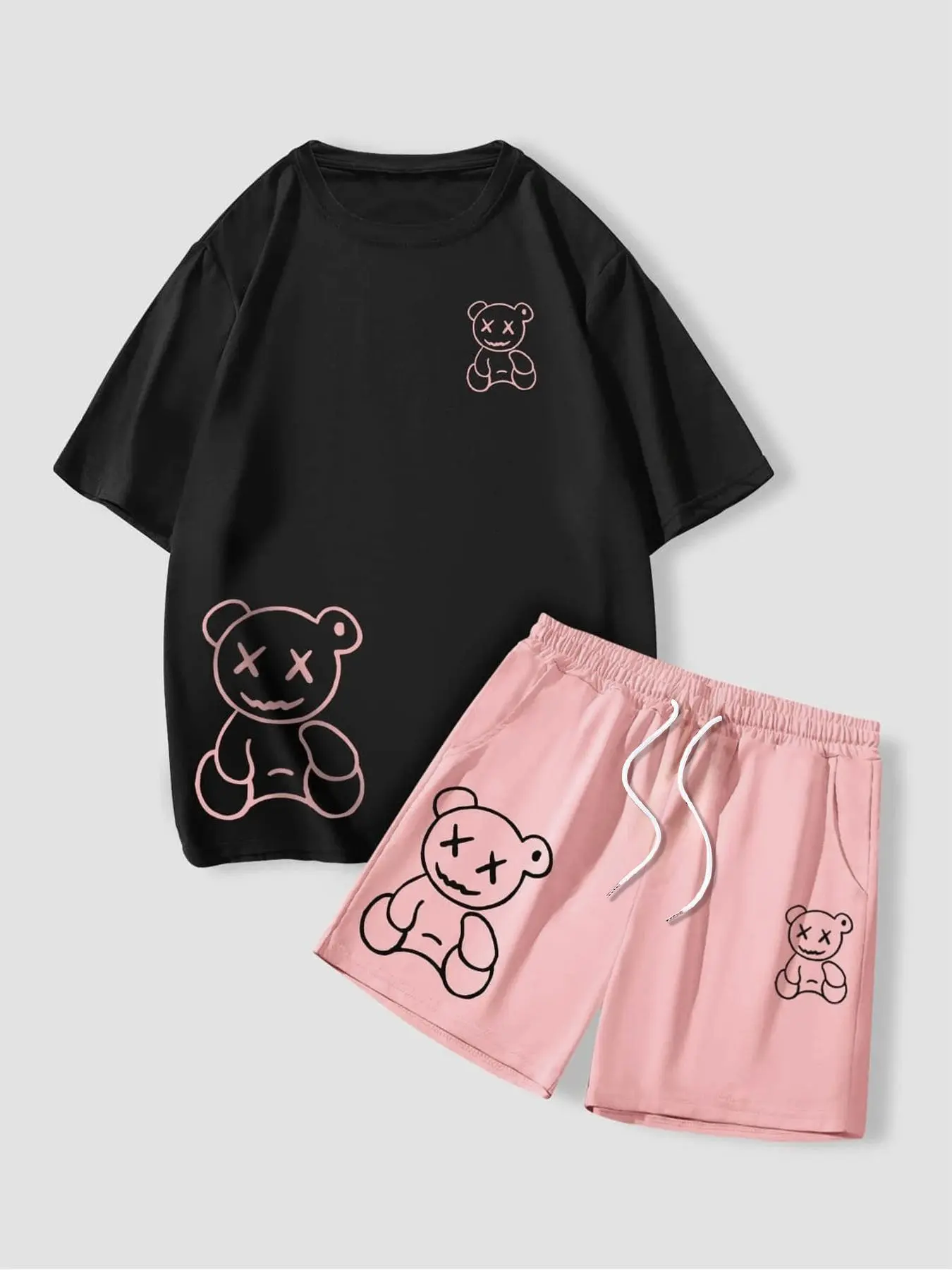 【Plus Size】 Two-Piece Set Cartoon Bear Print Crew Neck Tee & Drawstring Waist Shorts Set, Regular Fit Casual Round Neck Short Sleeve T-Shirt & Pocket Shorts, Men's Summer Clothes