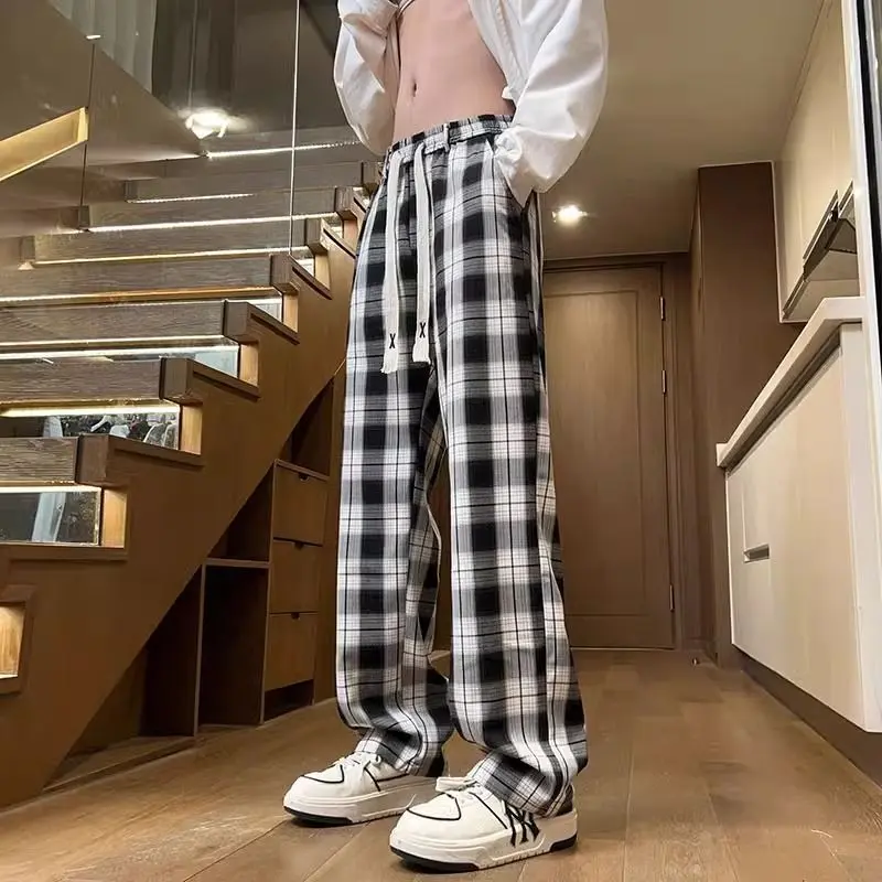Men's New Ins Fashion Brand American High Street Retro Black and White Plaid Loose Slim Wide-Leg Pants Casual Sports Pants Menswear Trouser Lingerie Funeral