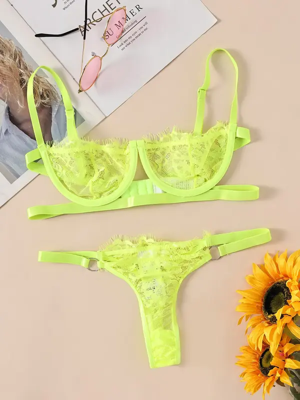 Womenswear Minimalist Lace Bra & Thong Set, Breathable Adjustable Strap Wireless Bra & Ring Linked Panty Sexy Lingeries Set, Valentine's Day Gift, Summer Wear 2024, Comfortable Co Ord Underwear Set, Tall Clothing Women 5