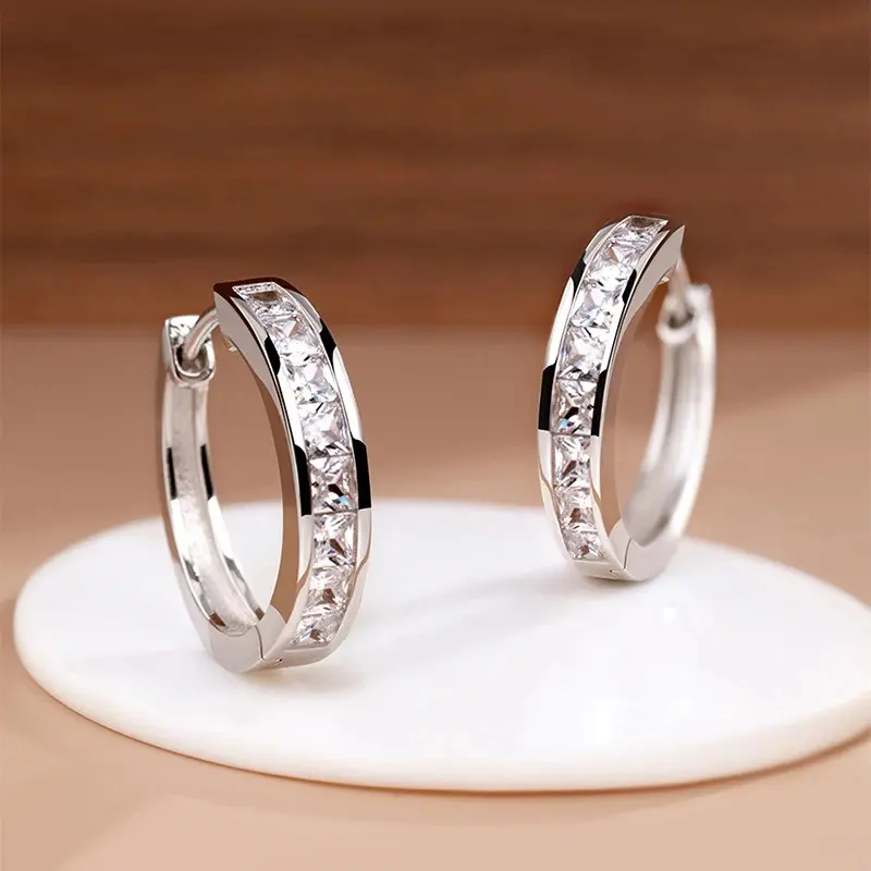New Sterling Silver Shining Zircon Earrings Women's Circle Round Earrings Fashionable and Elegant Jewelry Birthday Gift