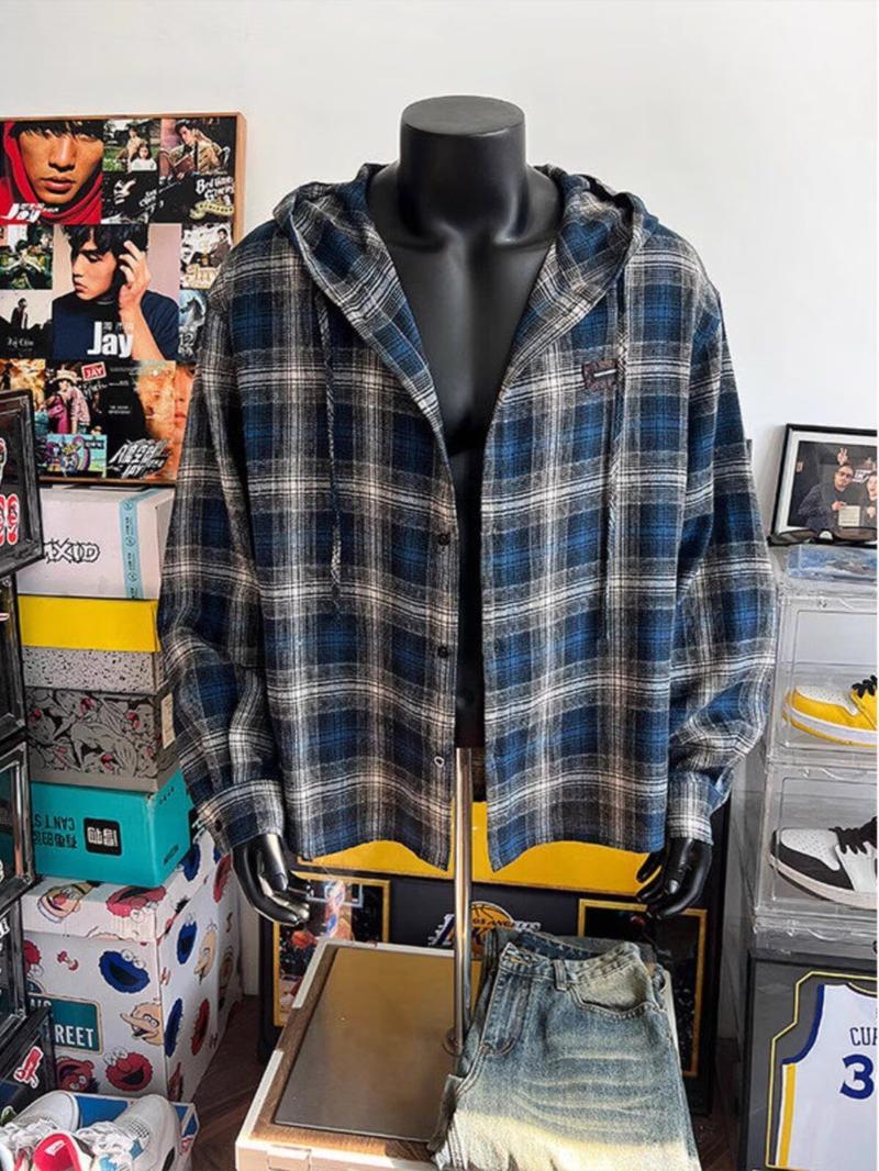 Product Introduction of Blue Gray Plaid Hooded Plaid Shirt Korean Vintage Long Sleeve Top Men's Loose Shirt 9