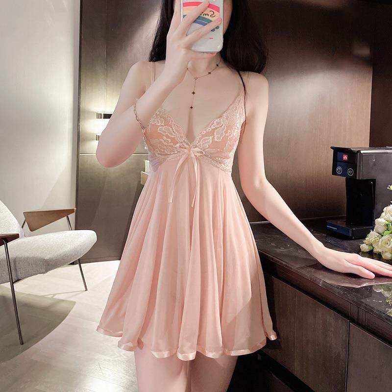 Bộ đồ váy ngủ nữ 2 dây sexy DK18 hở sau cột nơ kèm quần lót quyến rũ