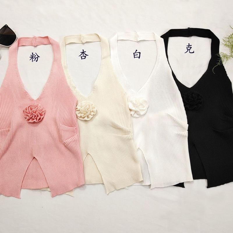 Product Introduction of Camisole Vest for Girls with Floral Decoration, U-Neck Halter, Sexy Crop Top, Sleeveless Top for Summer 2025 1