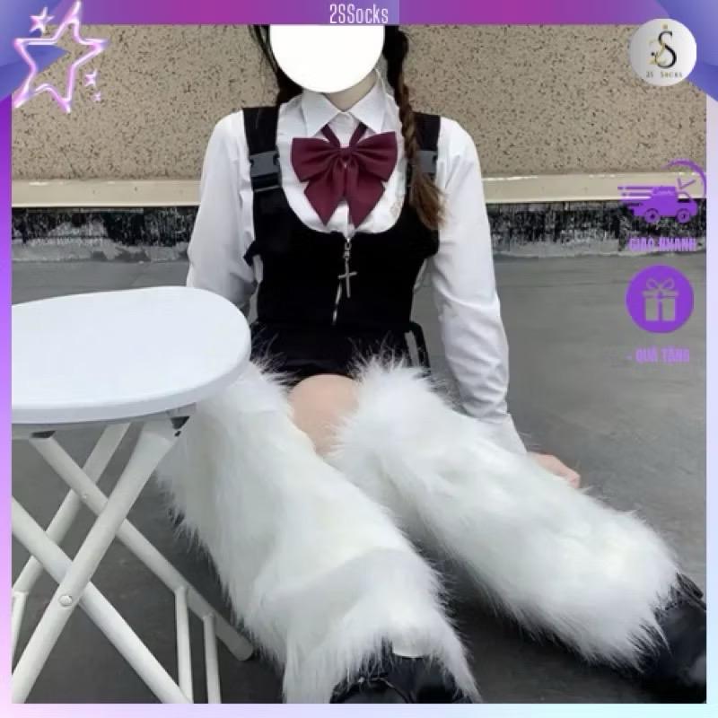 Vớ Ống Chân Phối Lông Màu Trơn Giữ Ấm Mùa Đông Phong Cách Gothic Harajuku Punk Lolita Cho Nữ